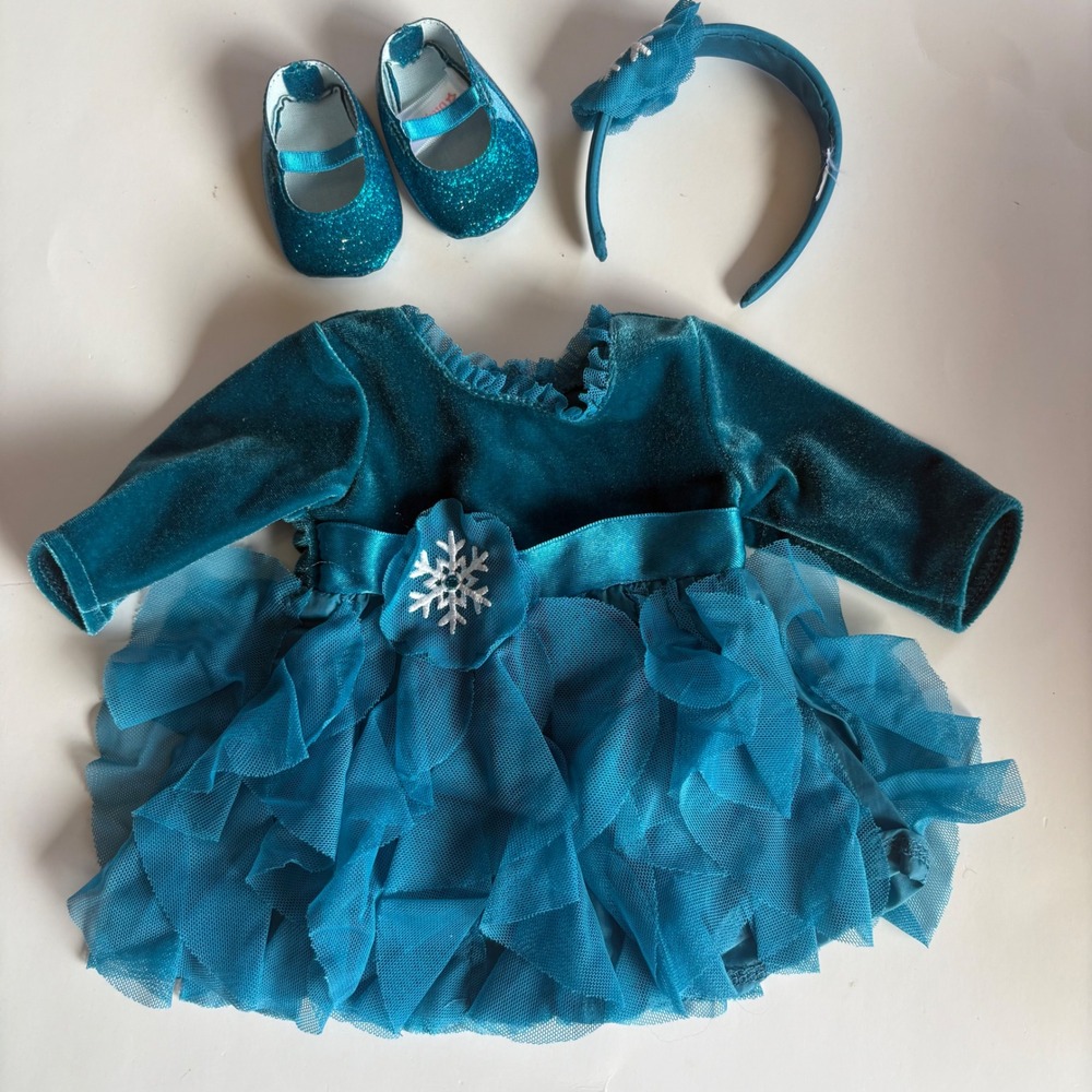 American Girl Bitty Baby Teal Tidings Dress Holiday Outfit Shoes Headband Set